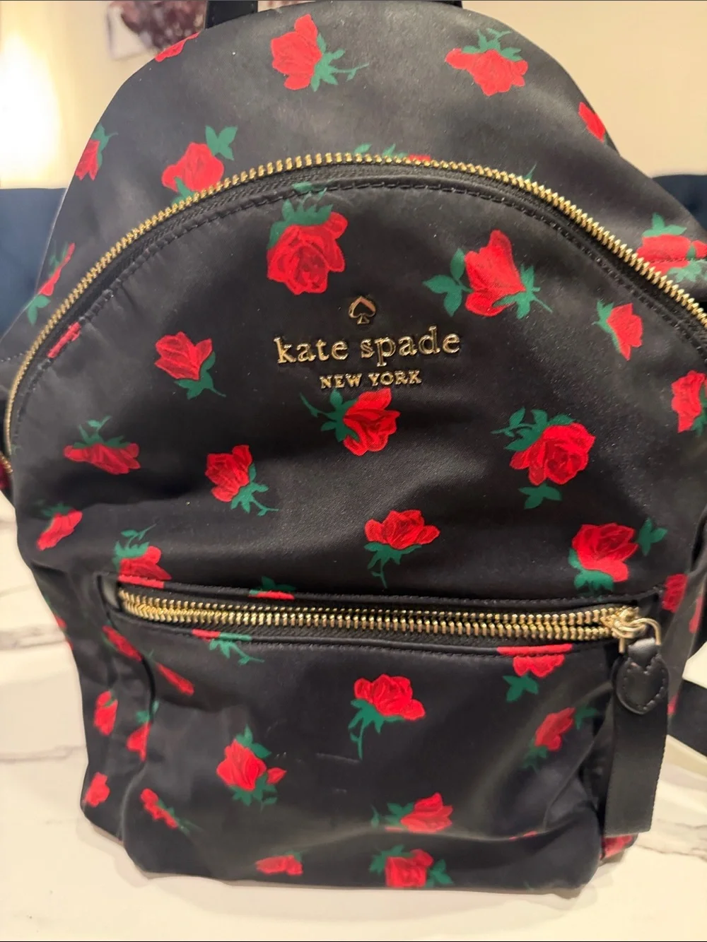 kate spade black backpack with red rose print